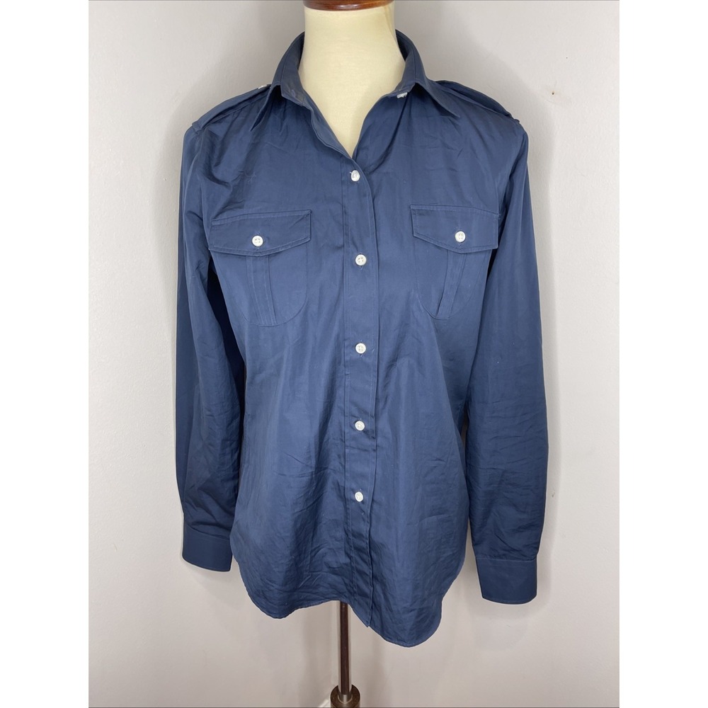 Ann Mashburn Navy Blue Utility Shirt Button Front Longsleeve Collared Large L